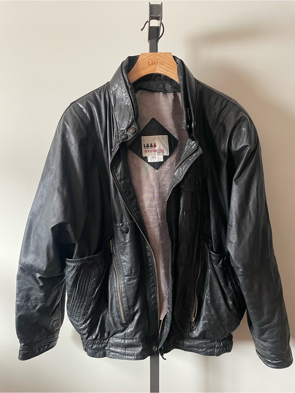 90s Vintage Boulevard Club 100% Leather Bomber Jacket Large AS IS Broken Zipper